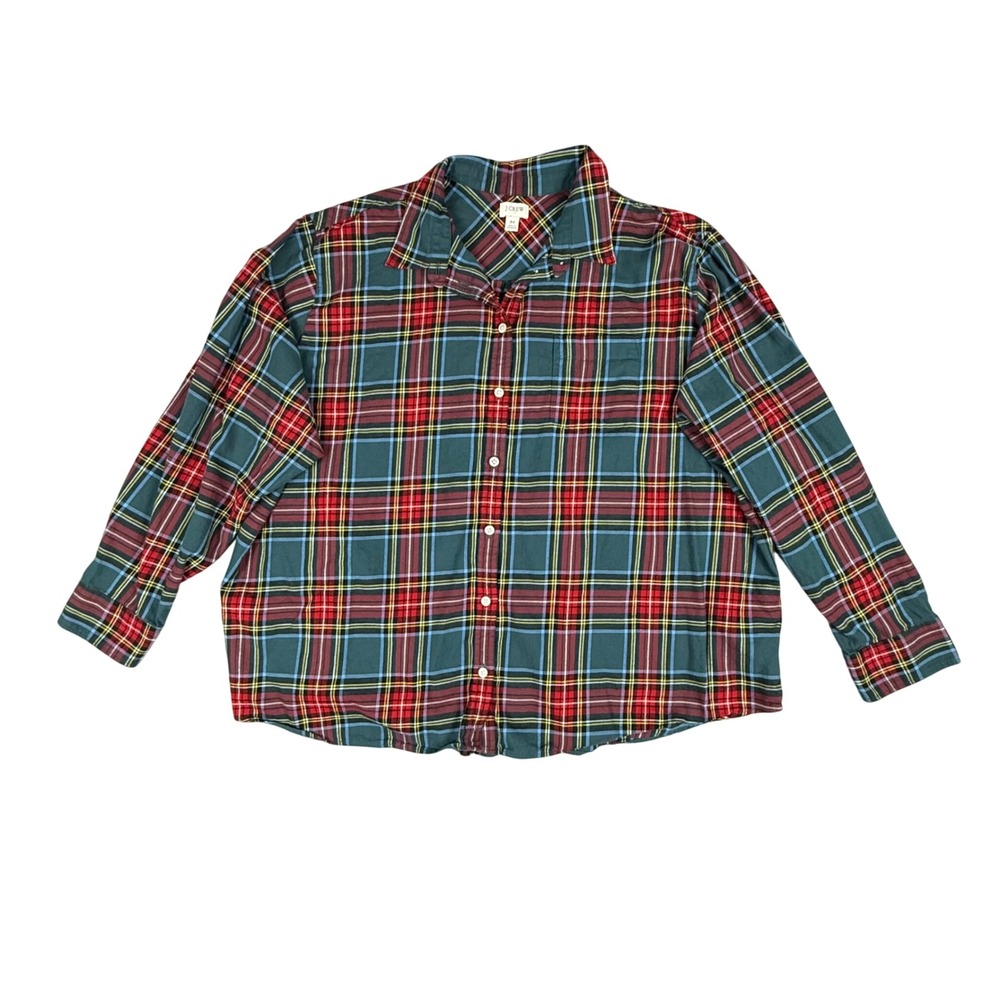 J.Crew 3X Green Red Plaid Flannel Button Down Shirt Cotton Long Sleeve Plus